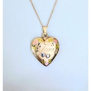 Vintage 1/20 14k Yellow Gold Filled MOM Heart Locket w/ Pink Flowers Necklace